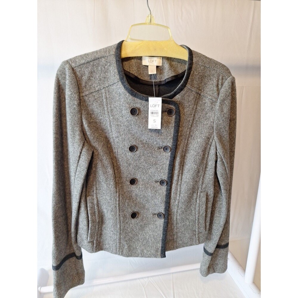 LOFT Ann Taylor Gray Double Breasted Blazer Jacket Womens M Fleece Contrast Trim